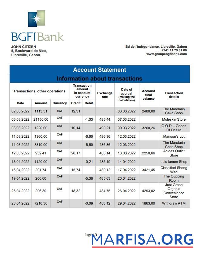 Printable Gabon BGFI bank statement example